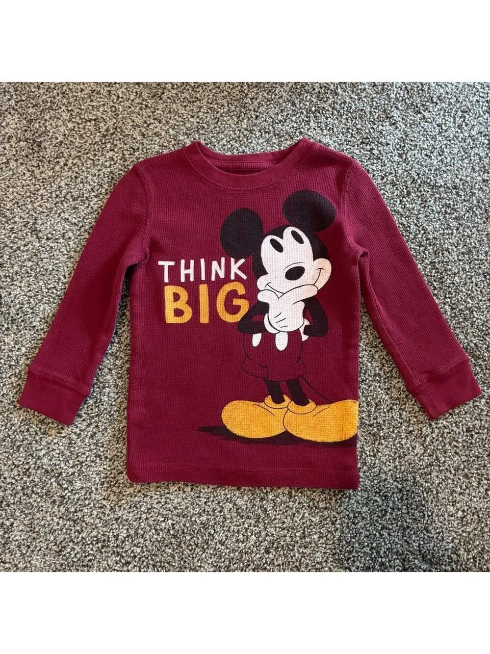 Disney Mickey Mouse Maroon Kids Long-Sleeve Thermal Knit Material Shirt Size 2T